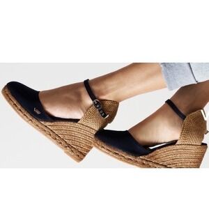 Viscata Barcelona Navy Blue Canvas Espadrille Wedges Ankle Strap Made in Spain